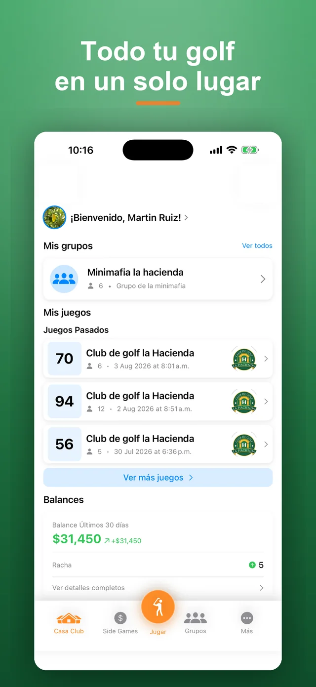 Pantalla de inicio: juegos en vivo, juegos pasados, balance de los últimos 30 días y estadísticas del jugador.