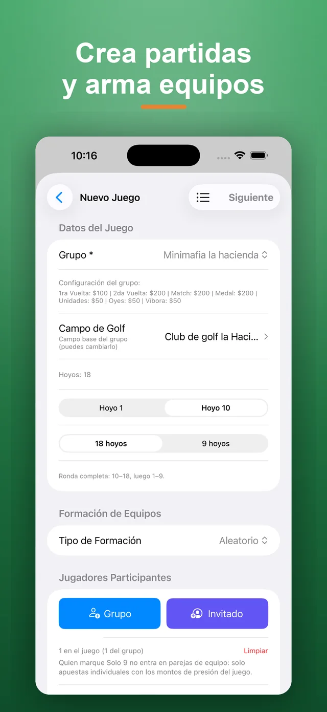 Nuevo juego: selección de grupo, campo, número de hoyos y formación de equipos.