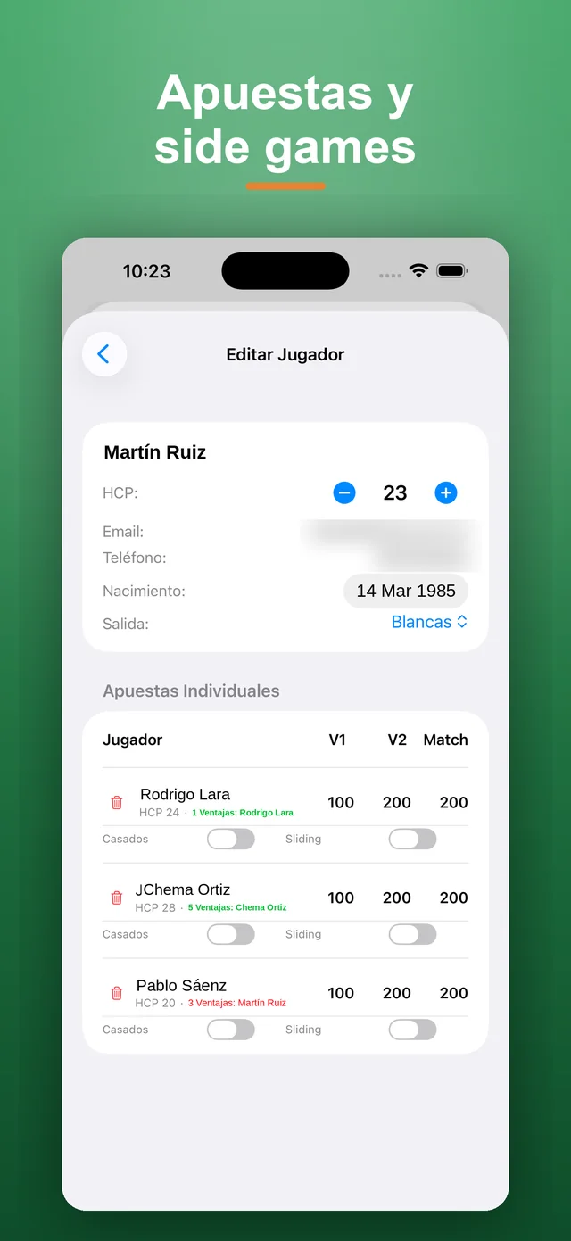 Apuestas individuales por jugador con montos de primera vuelta, segunda vuelta y match.