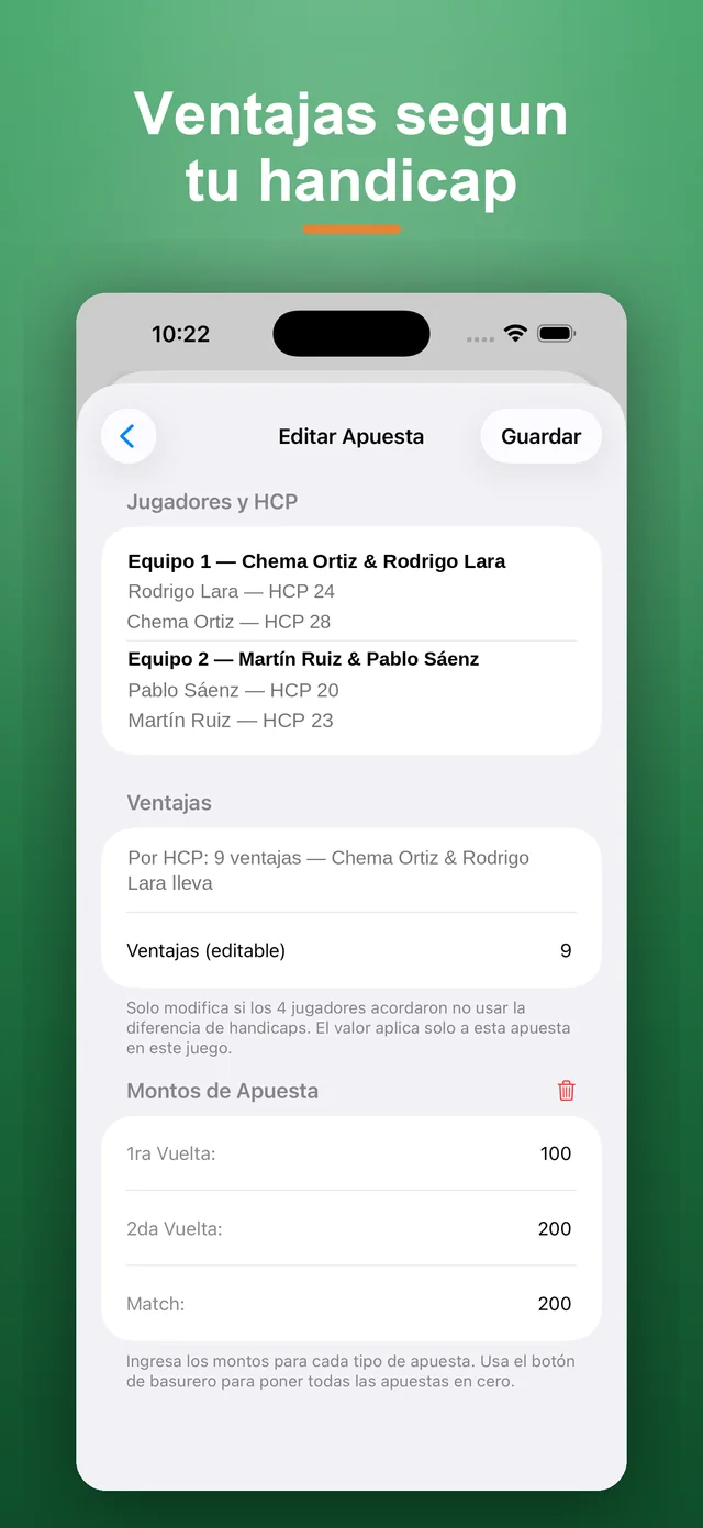 Editar apuesta: equipos, ventajas calculadas por diferencia de handicap y montos.